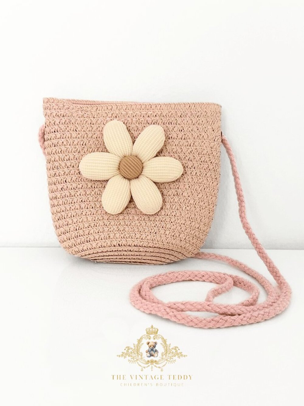 NWT Adorable Girls Straw Handbag Kids Accessories Shoulder Bohemian Flower Pink